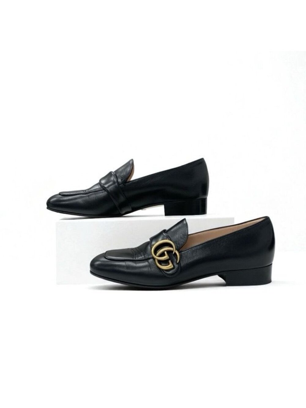 Gucci Loafer Leather Shoes Black Gold Double G GG Marmont - Picture 4 of 11